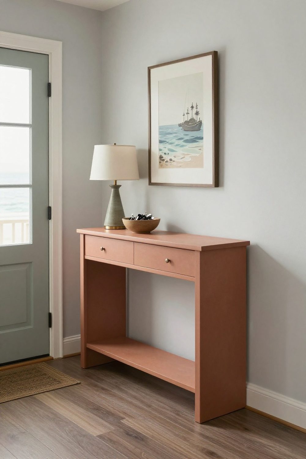 Entryway console table with a lamp, a bowl for keys and art above