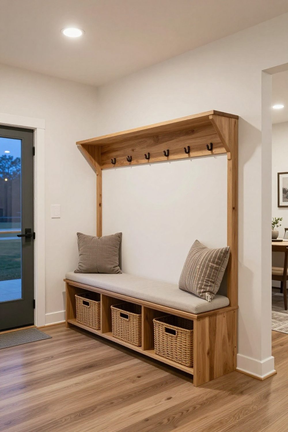 Entryway bench with cushions, baskets underneath and hooks above
