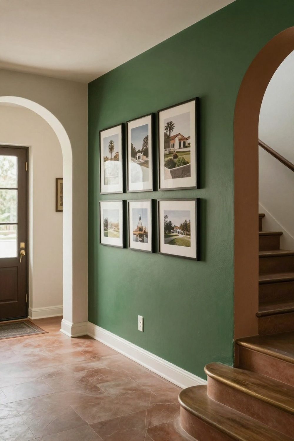 Entryway gallery wall of framed photos along a staircase