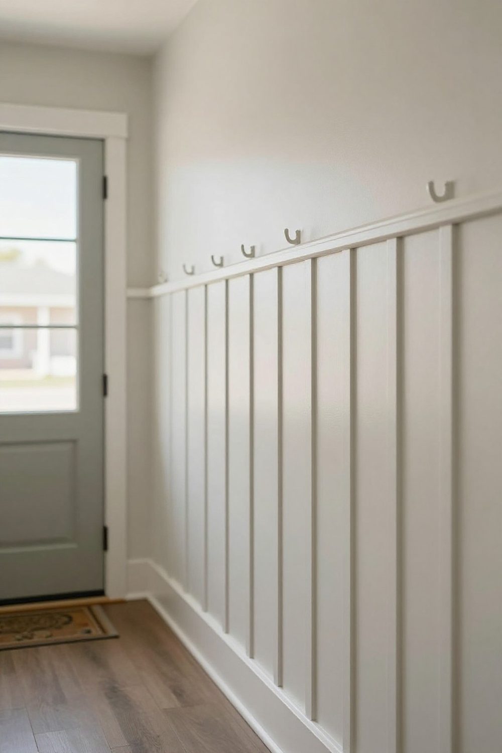 Entryway with board and batten wall and coat hooks along the top rail