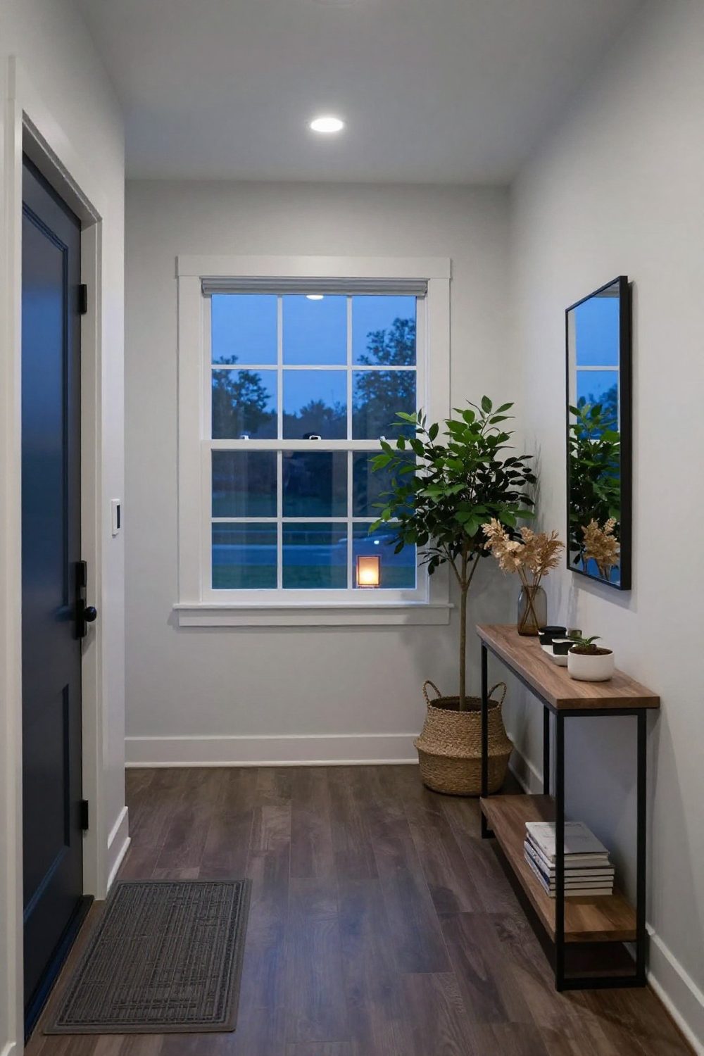 Entryway with a large plant in a woven basket beside the console
