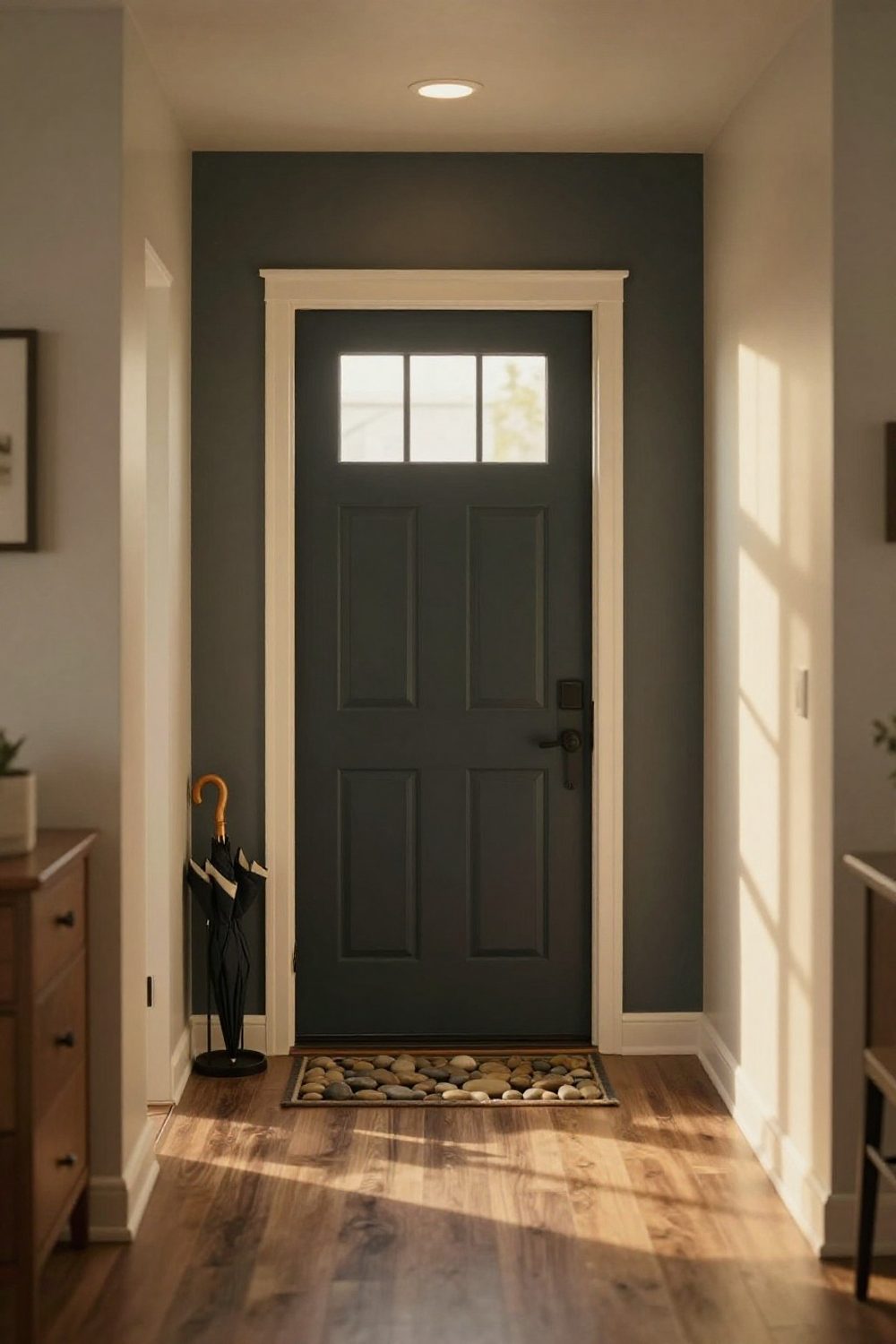 Entryway with a boot tray filled with river stones and an umbrella stand