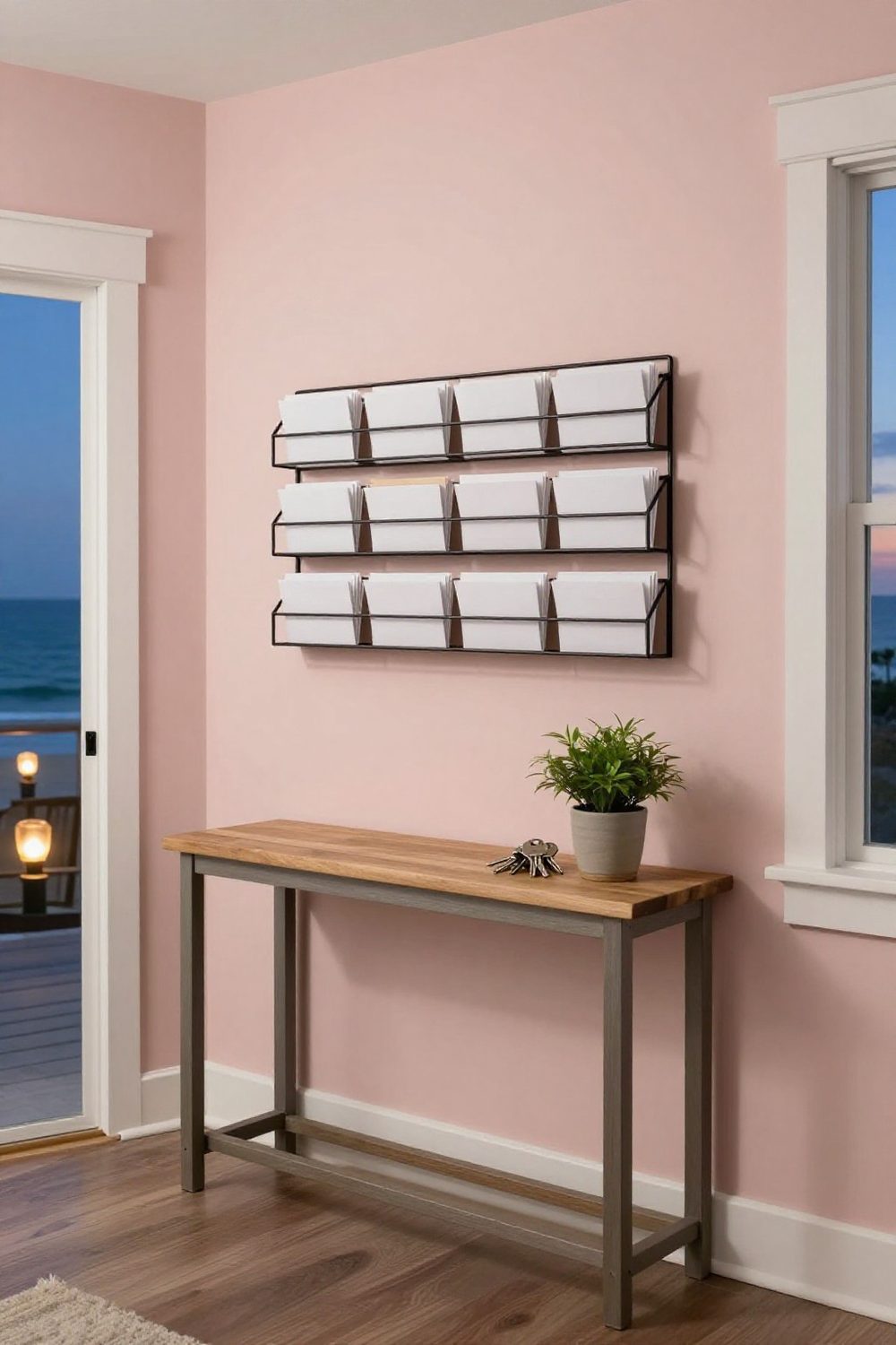 Entryway console with a tray for keys and mail organizer