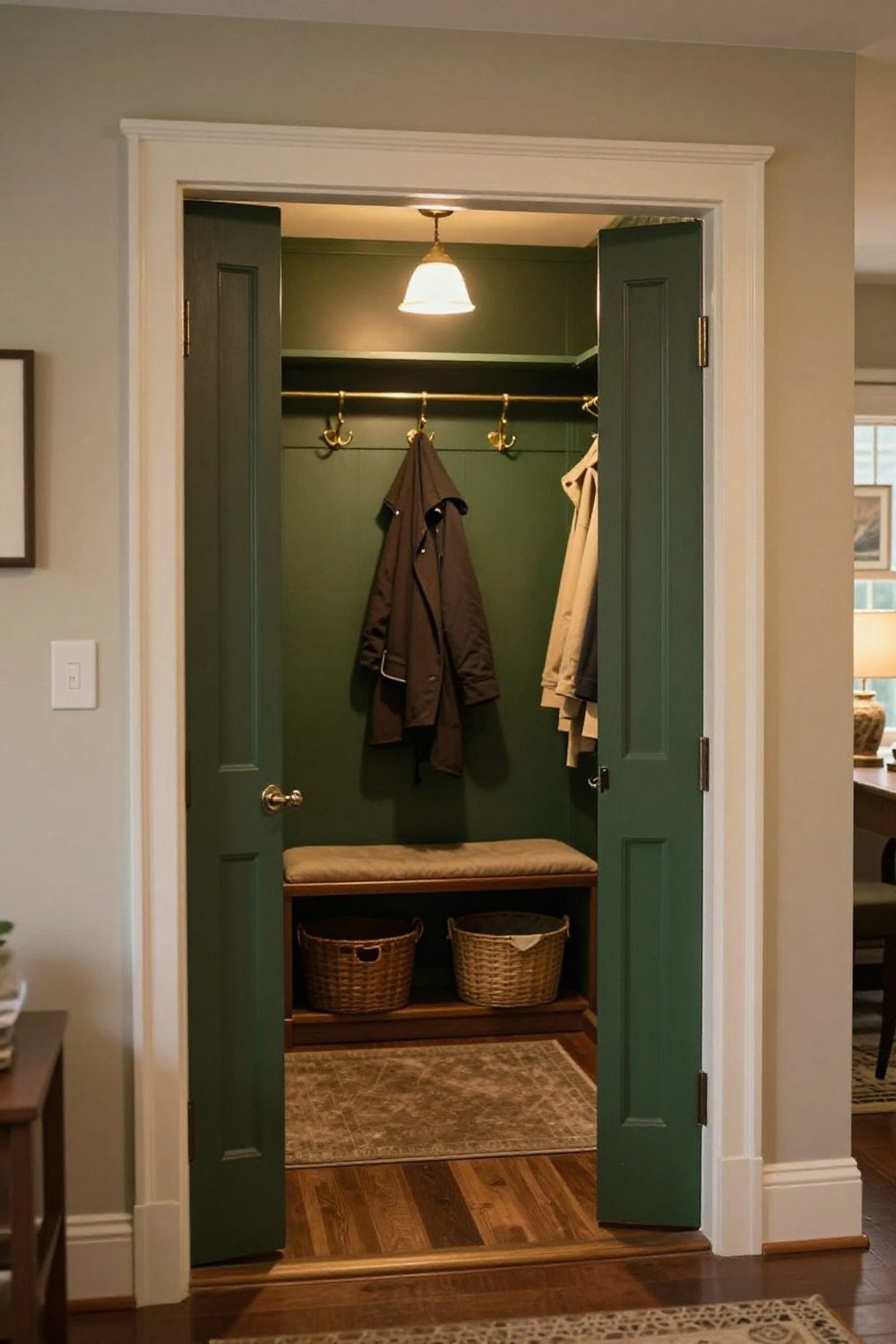 Entry closet with doors removed and turned into an open nook with hooks and bench