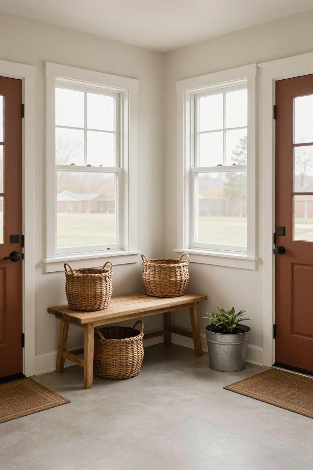Farmhouse entryway with a wooden bench, baskets and a galvanized planter