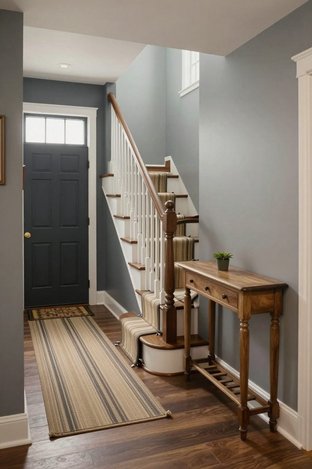 Entryway with a striped stair runner and a console at the foot of the stairs