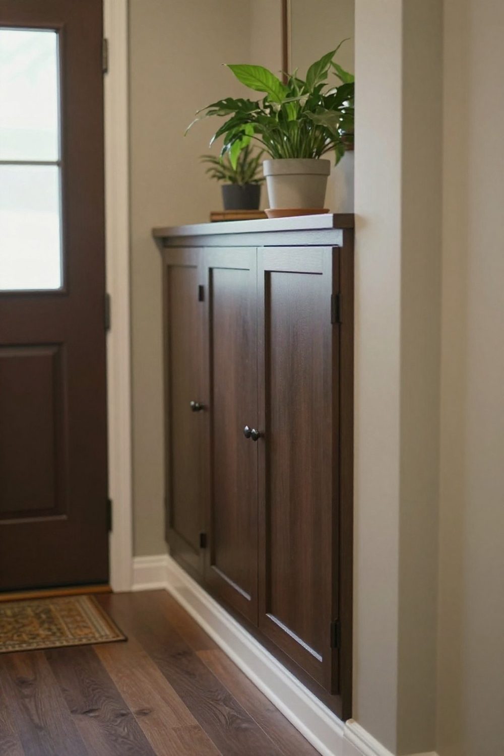 Entryway with shoe cabinet with closed doors and a plant on top