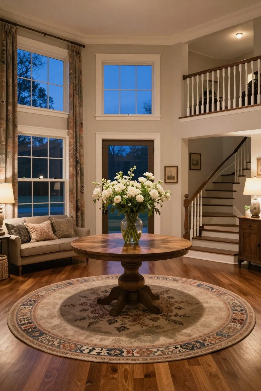 Entryway with a vase of fresh flowers and a lamp on a round table in a foyer
