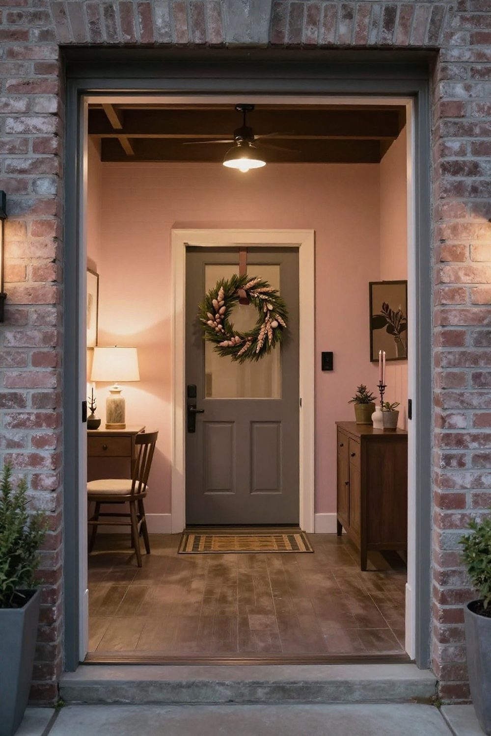 Entryway with a seasonal wreath on the inside of the front door