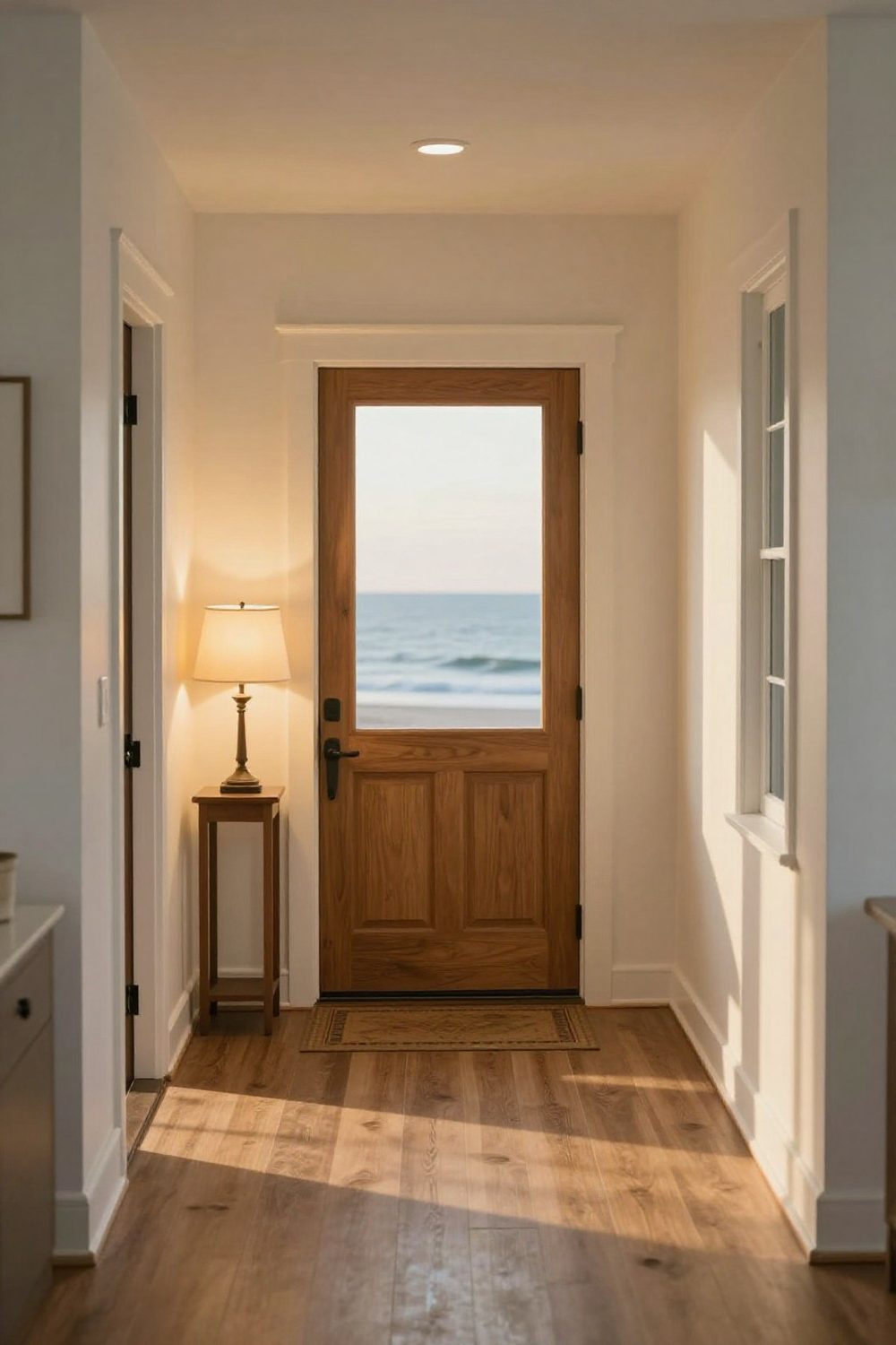 Welcoming entryway at evening lit by a table lamp