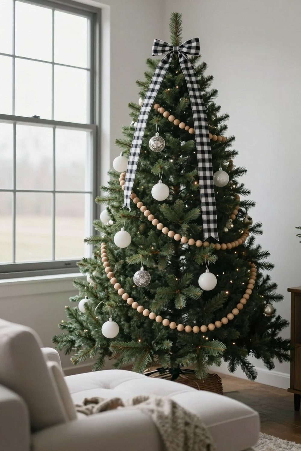 Farmhouse Christmas tree decorated with buffalo check ribbon, wooden beads and white ornaments