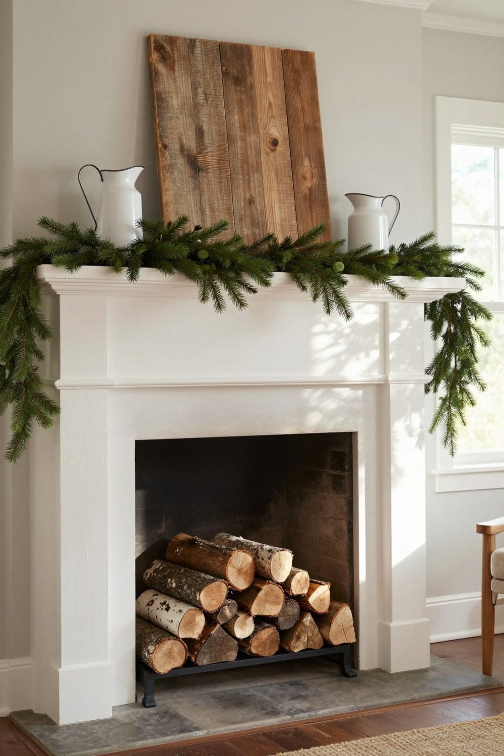 Farmhouse mantel with greenery garland, white ironstone pitchers and a weathered wooden board