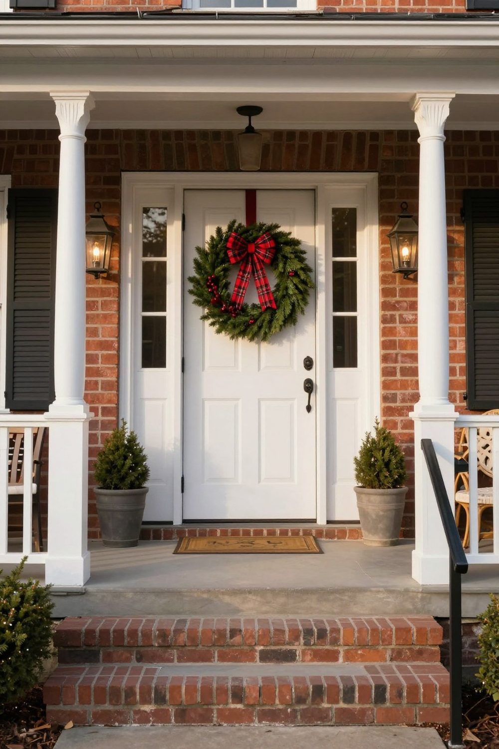 Front door with a fresh evergreen wreath and a plaid bow on a farmhouse porch