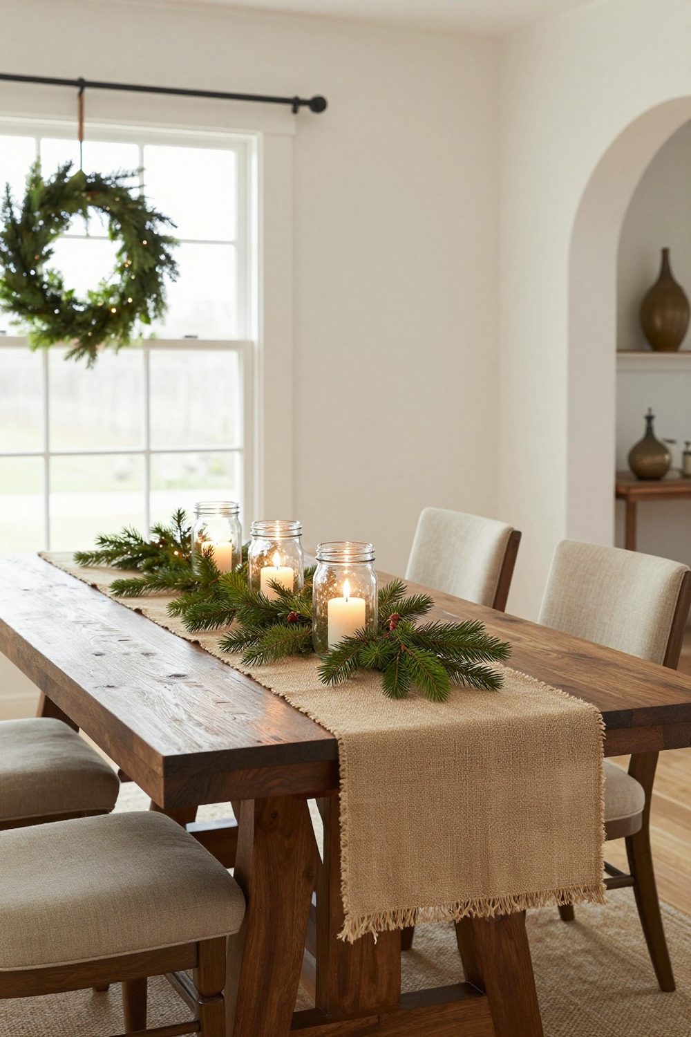 Farmhouse dining table with a burlap runner, mason jar lanterns and greenery