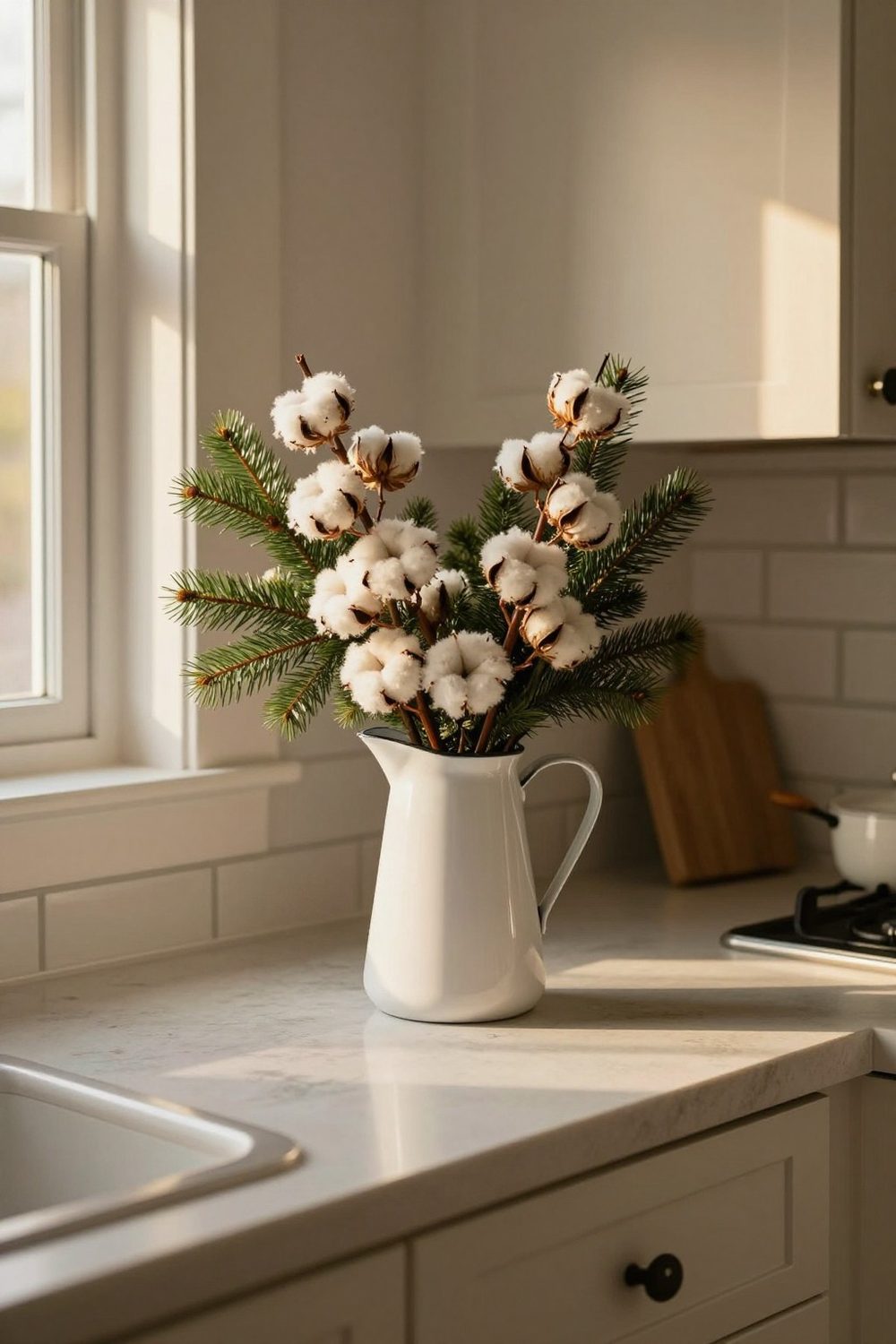 Cotton stems and evergreen branches in a white enamel pitcher on a kitchen counter