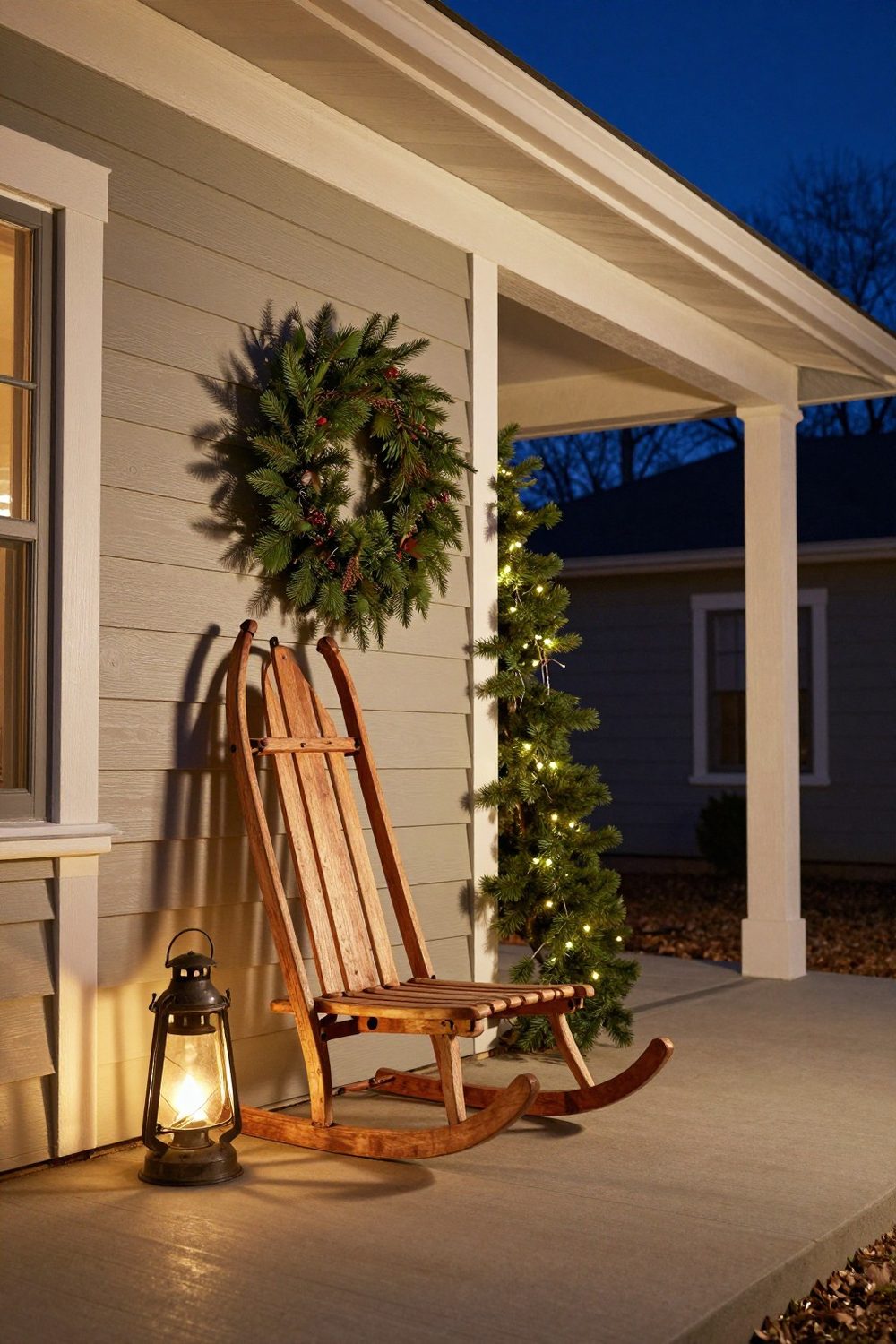 Vintage wooden sled leaning on a porch wall with greenery and a lantern