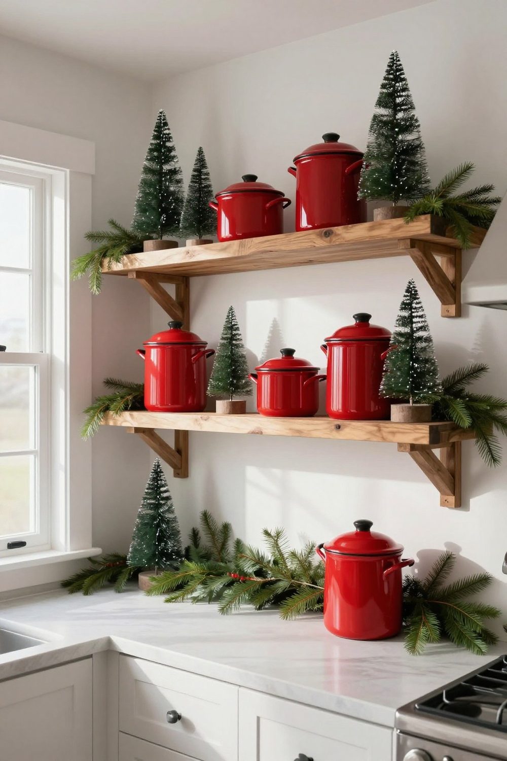 Farmhouse kitchen open shelves styled with red enamelware, greenery and small trees
