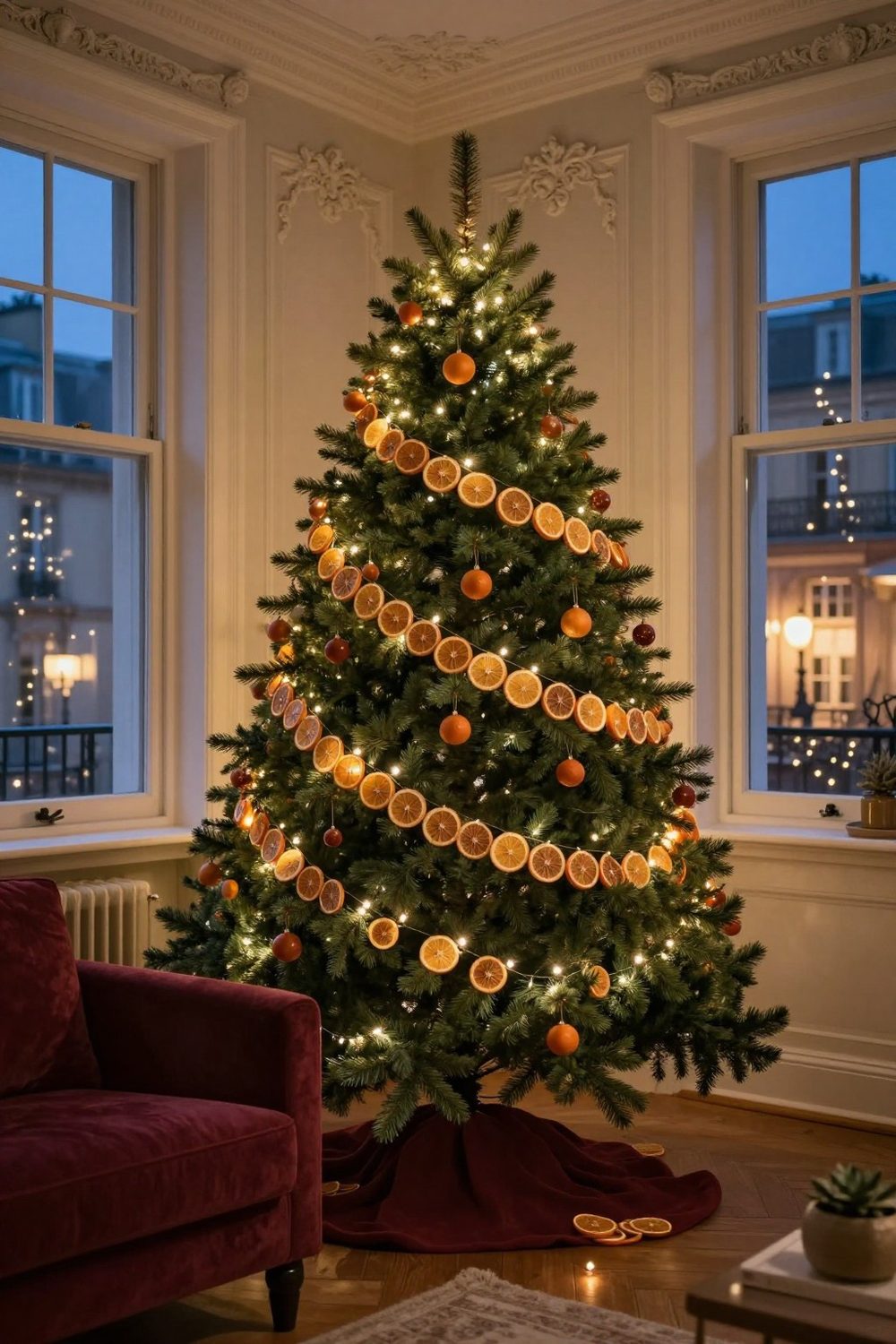 Dried orange slice garland draped on a farmhouse Christmas tree