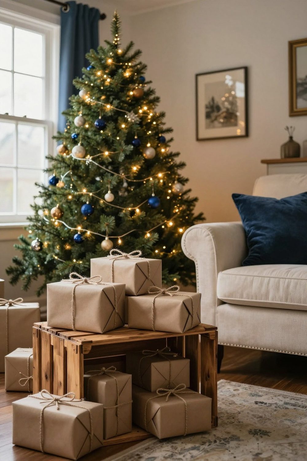 Wooden crate filled with wrapped presents in kraft paper and twine