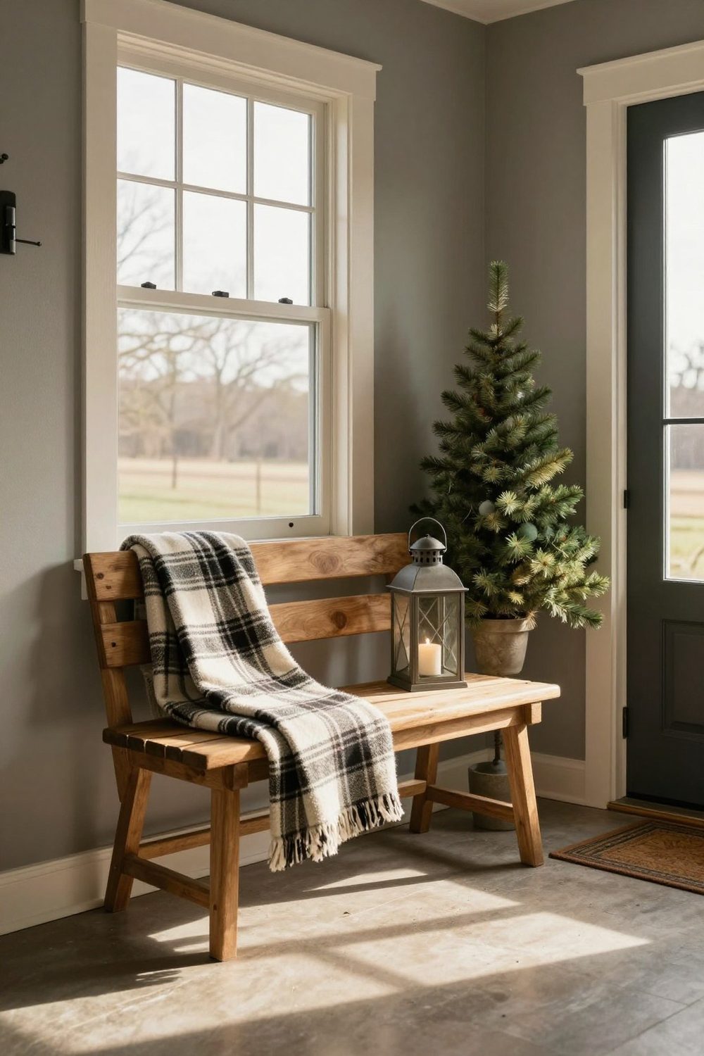 Farmhouse entryway bench with a plaid blanket, a lantern and a small tree