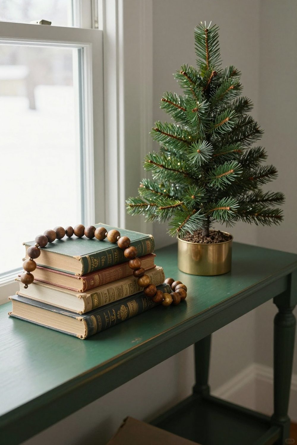 Wooden bead garland draped over a stack of books and a small tree on a shelf