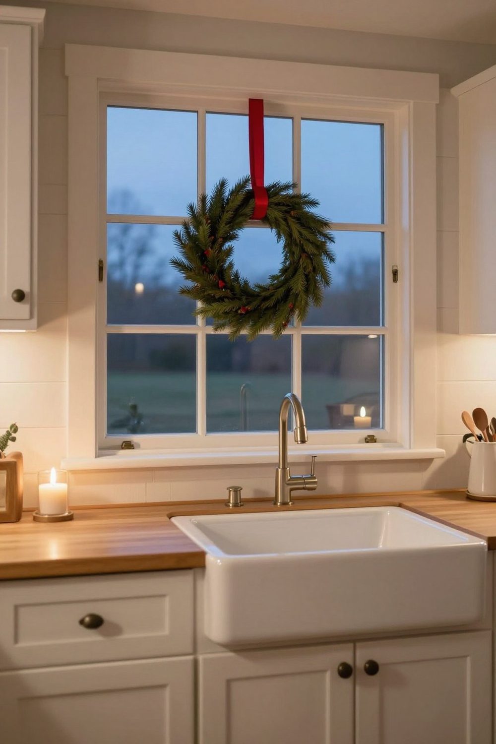 Window with a simple boxwood wreath hung on a red ribbon in a farmhouse kitchen