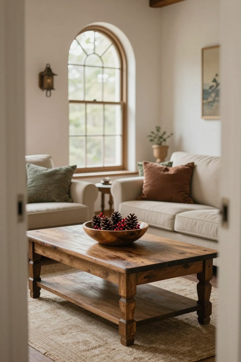 Bowl of pinecones and red berries on a farmhouse coffee table