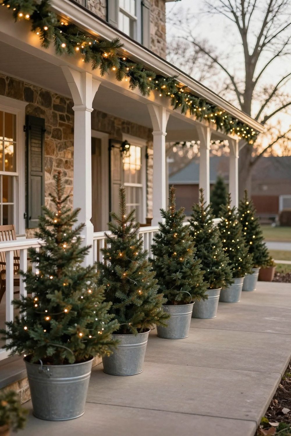 Small Christmas trees in galvanized buckets lined up on a porch