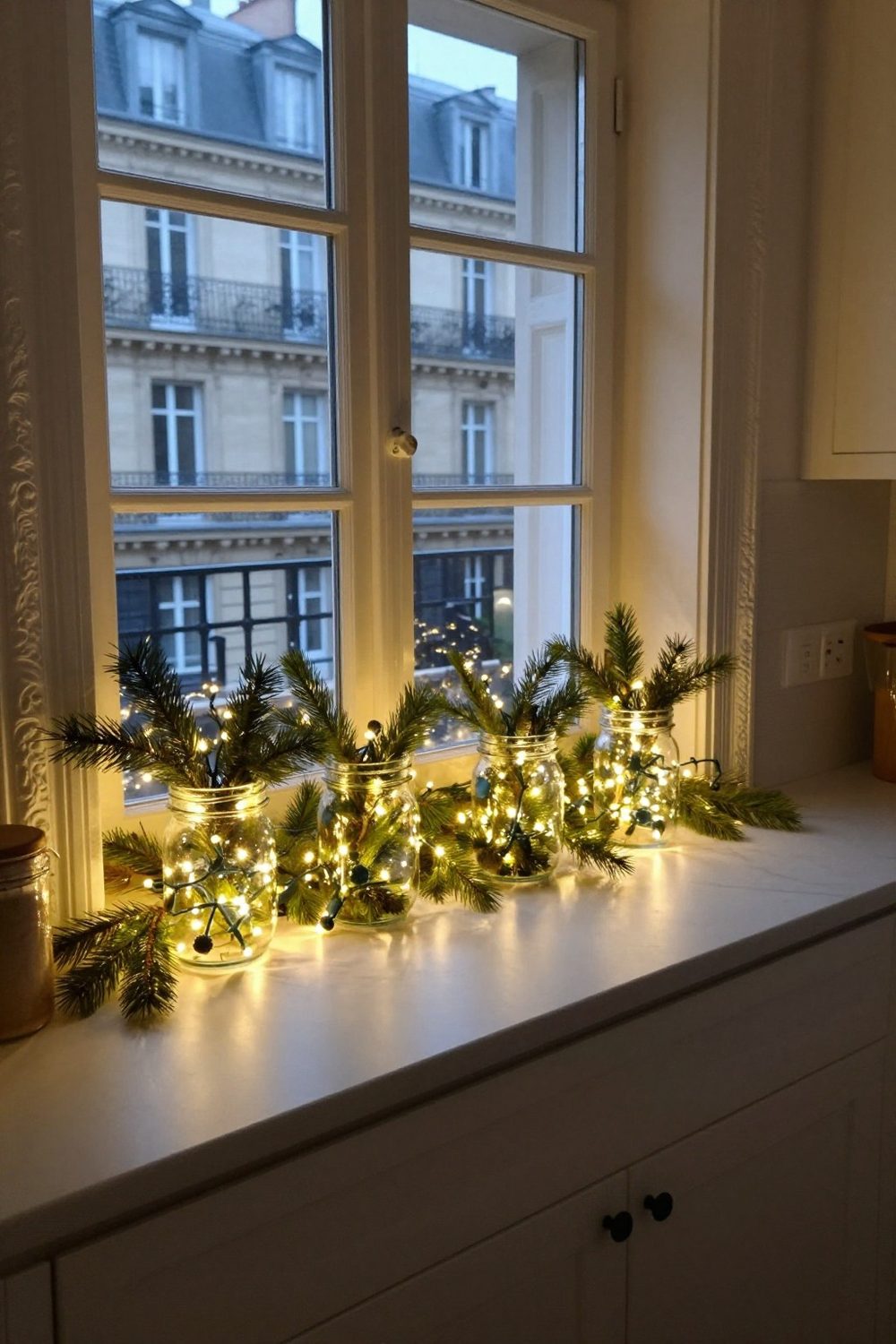 Mason jars filled with fairy lights and greenery on a windowsill