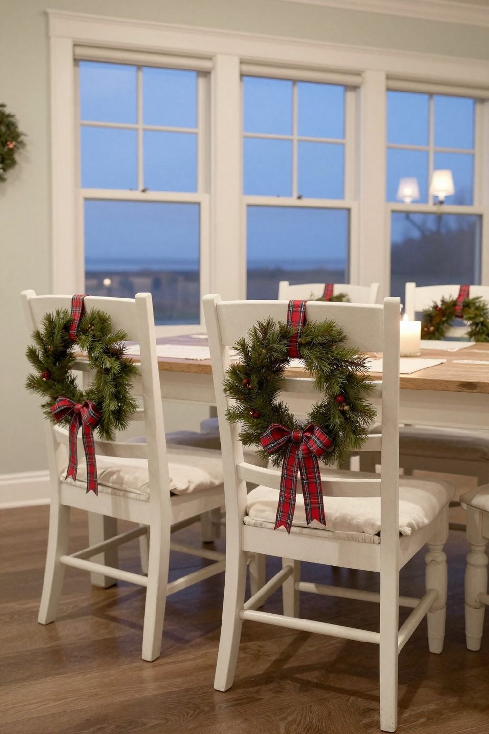 Farmhouse dining chairs with small wreaths tied with plaid ribbon on the backs