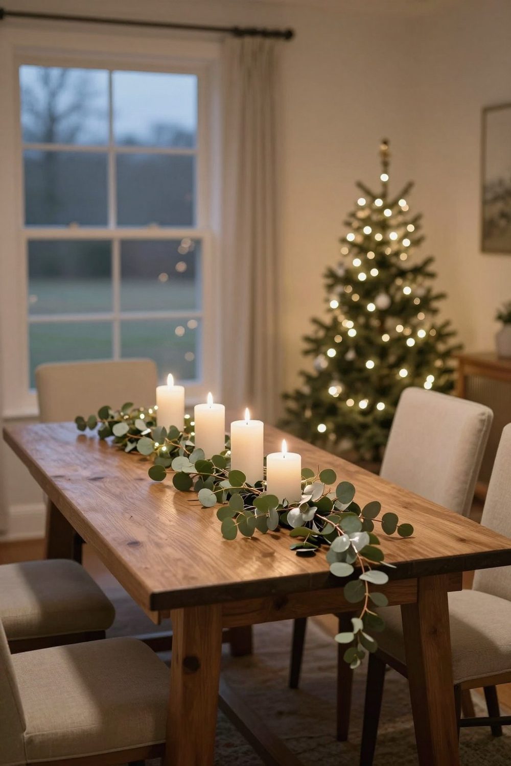 Eucalyptus garland with white candles on a farmhouse table