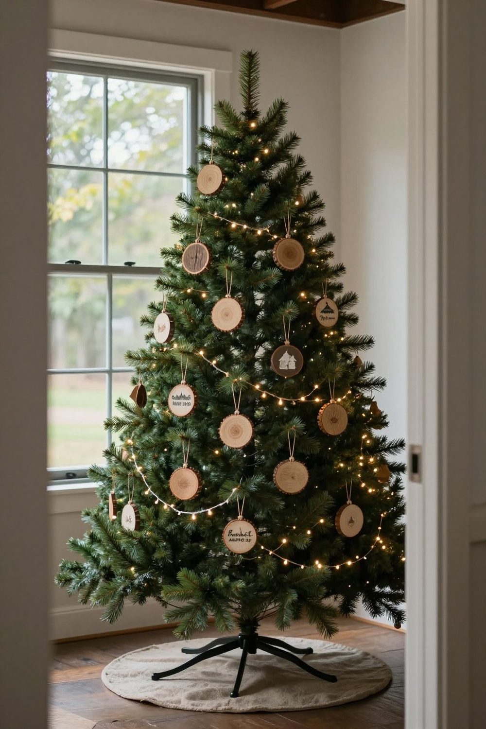 DIY wood slice ornaments hanging on a farmhouse Christmas tree
