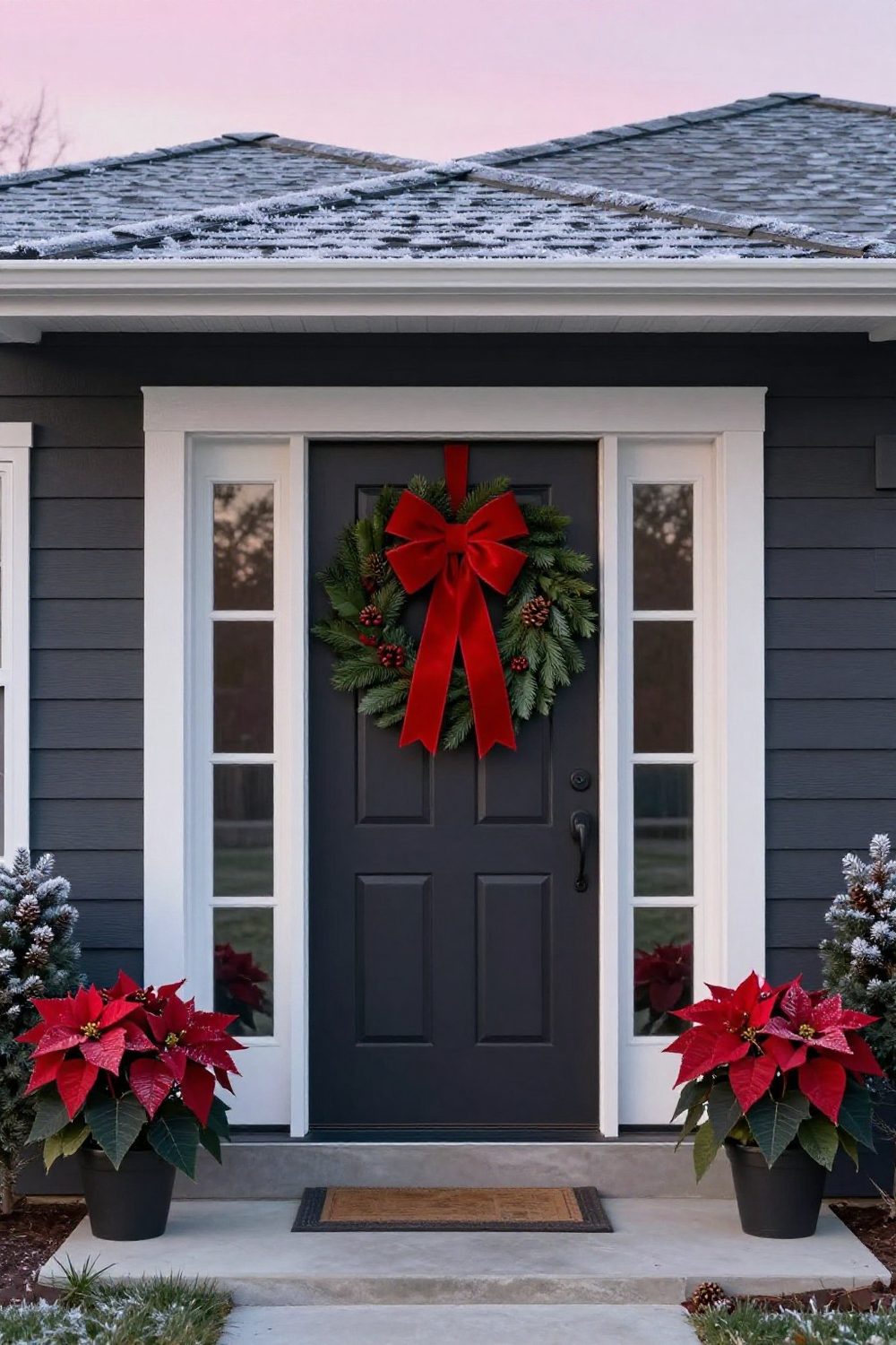 Close-up of a classic evergreen wreath with a large red velvet bow on a front door