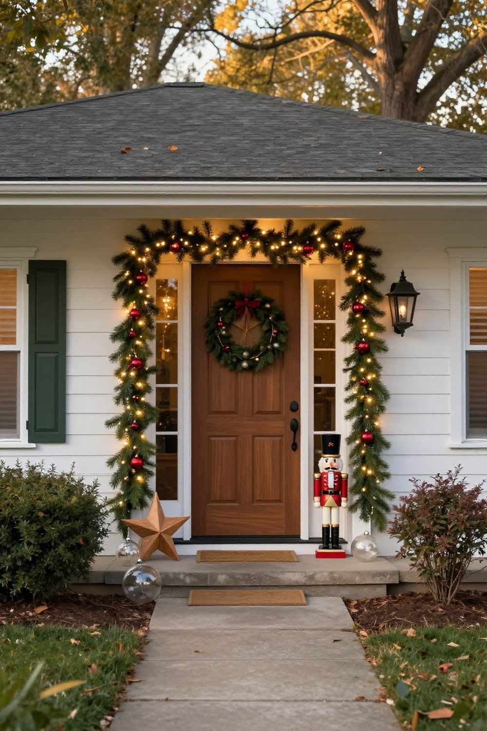 Front door framed by an arch of pine garland with warm white lights and red ornaments