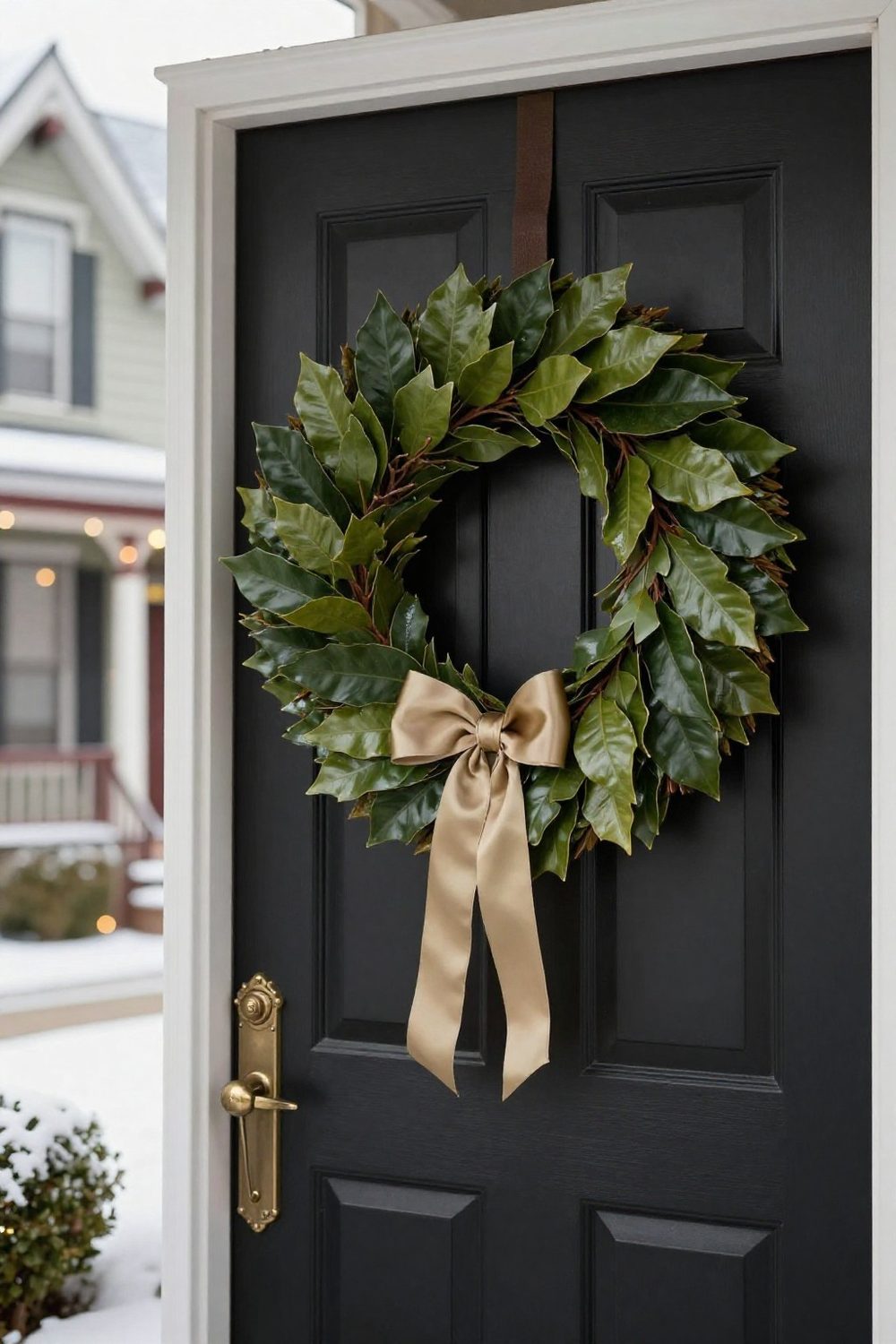 Black front door with a magnolia leaf wreath and brass door hardware