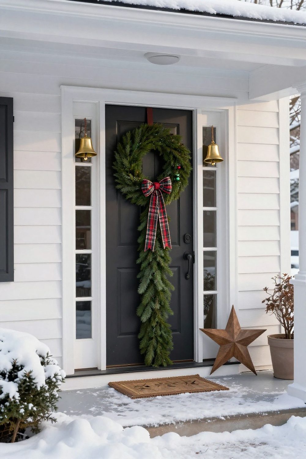 Front door with a long vertical evergreen swag tied with plaid ribbon instead of a round wreath
