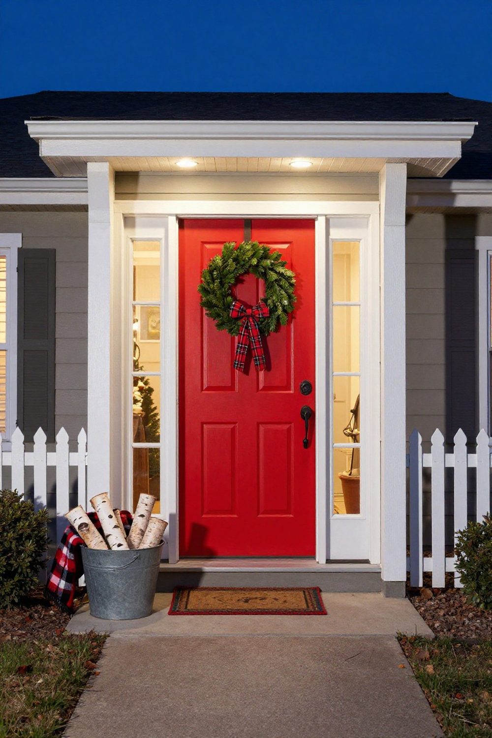 Red front door with only a simple green boxwood wreath