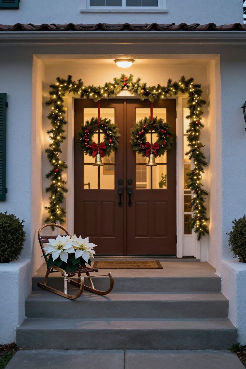 Double front doors with matching wreaths and garland draped across the top of both