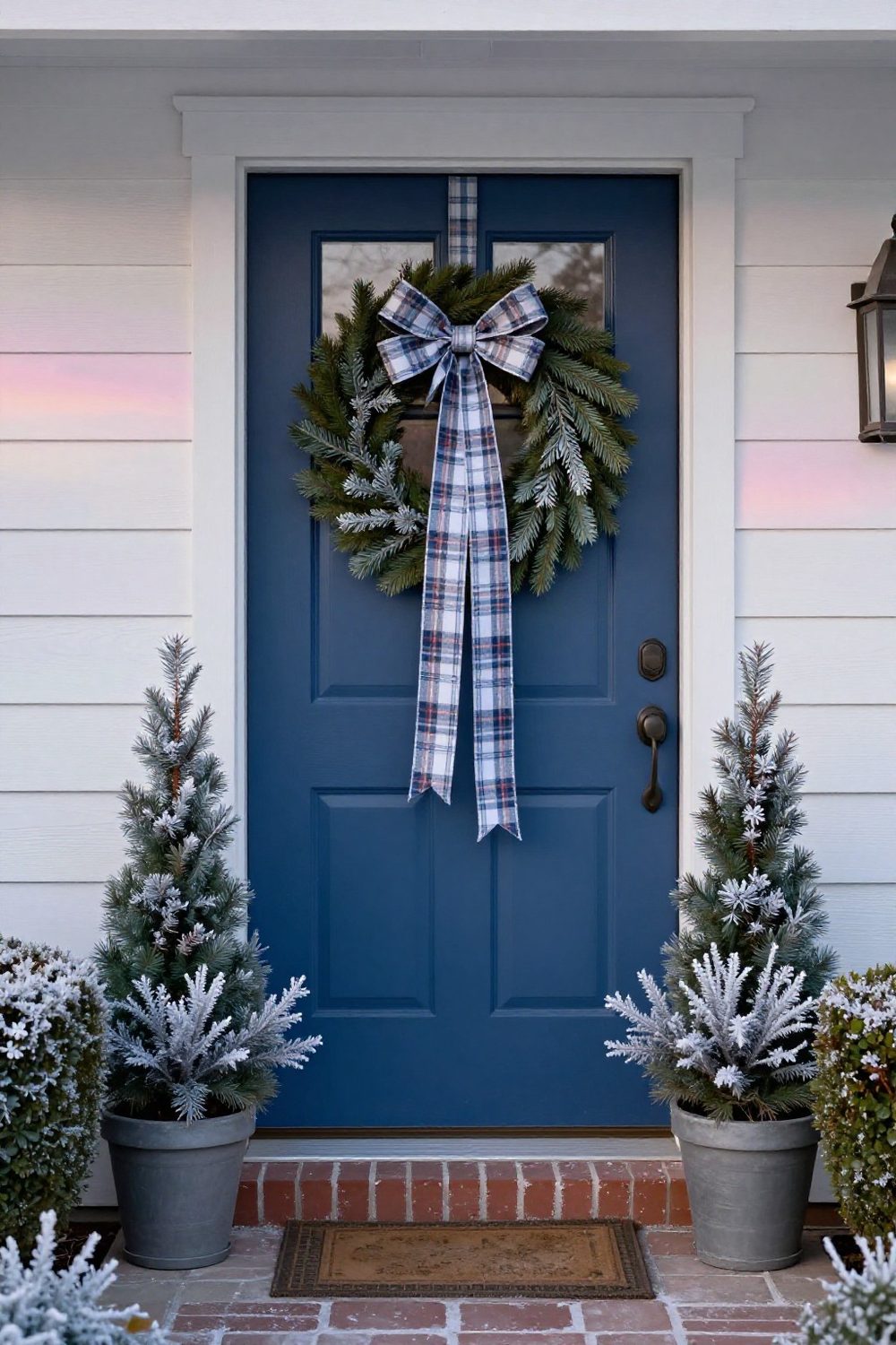 Front door wreath hung from a long wide plaid ribbon tied in a bow at the top of the door