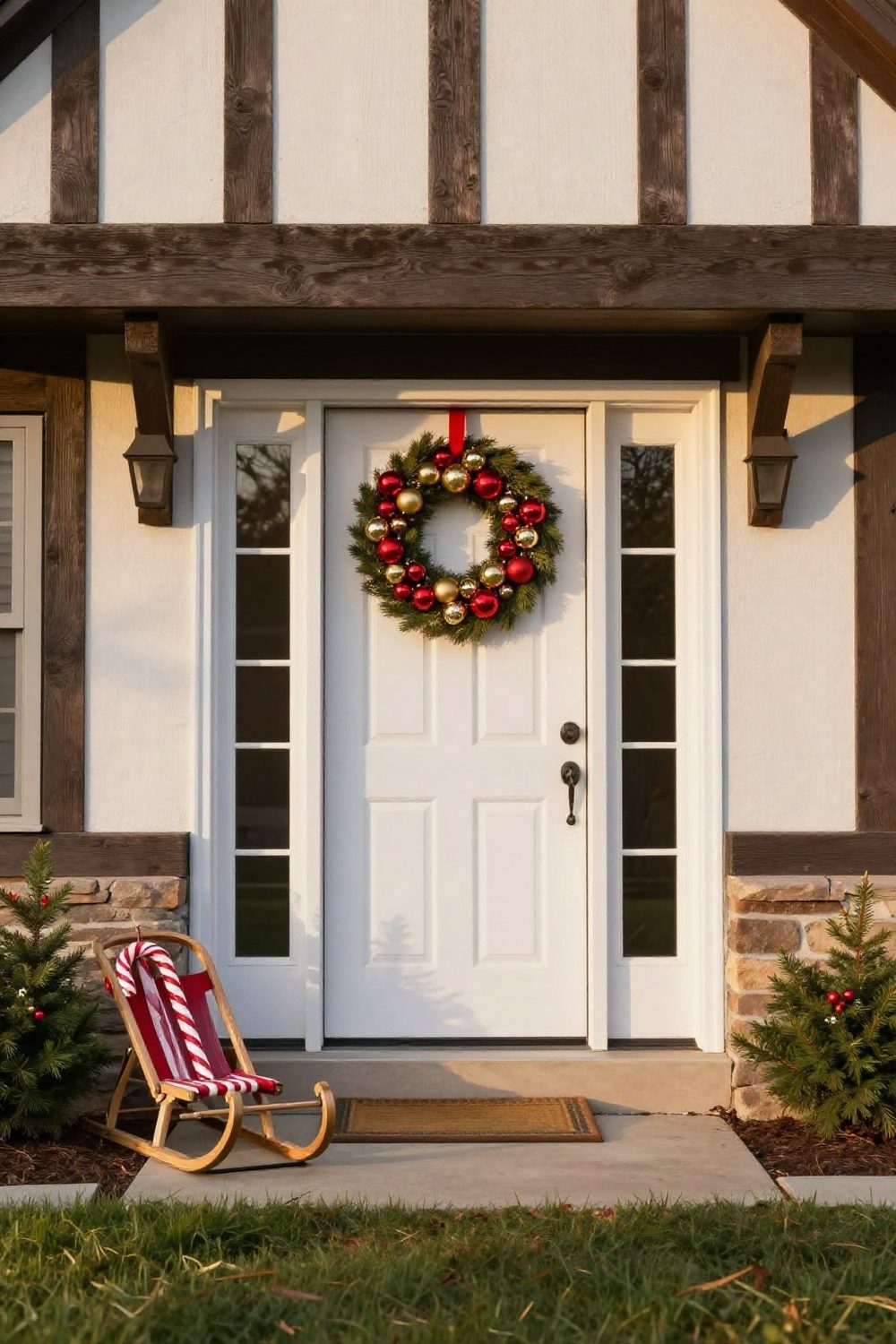 Close-up of a wreath made of red and gold glass ornaments on a white front door