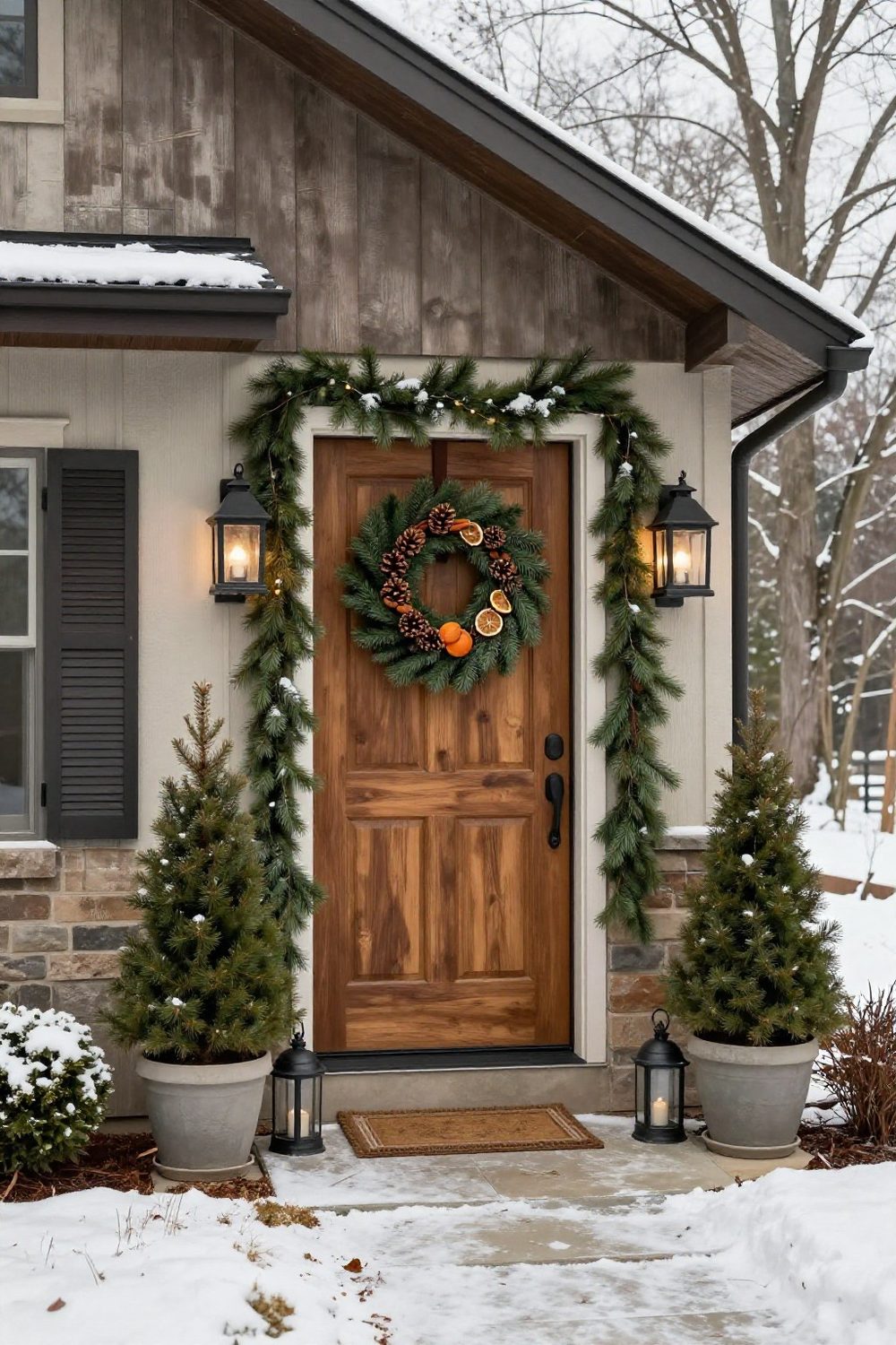 Natural wood front door with a wreath of pinecones, dried oranges and cinnamon sticks