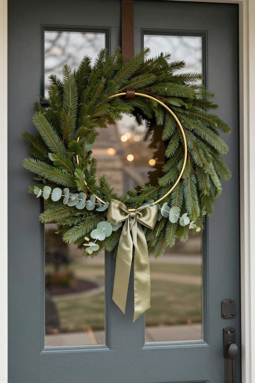 Modern front door with a minimal brass hoop wreath with a few eucalyptus sprigs