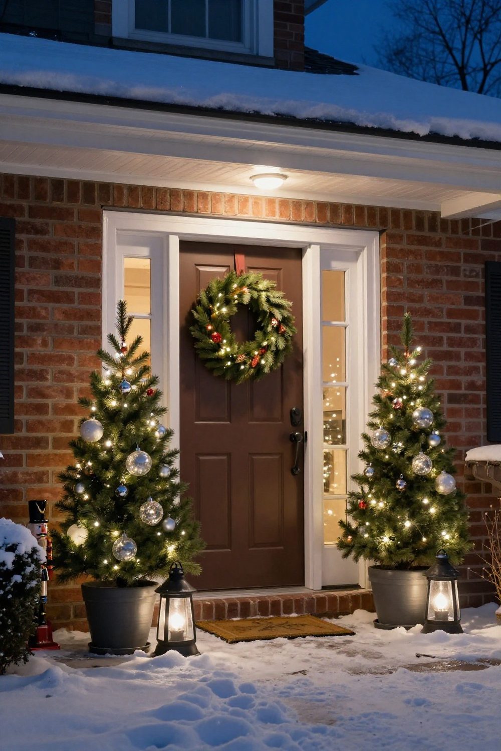 Front door with two potted evergreen trees with lights flanking it and a wreath in the center