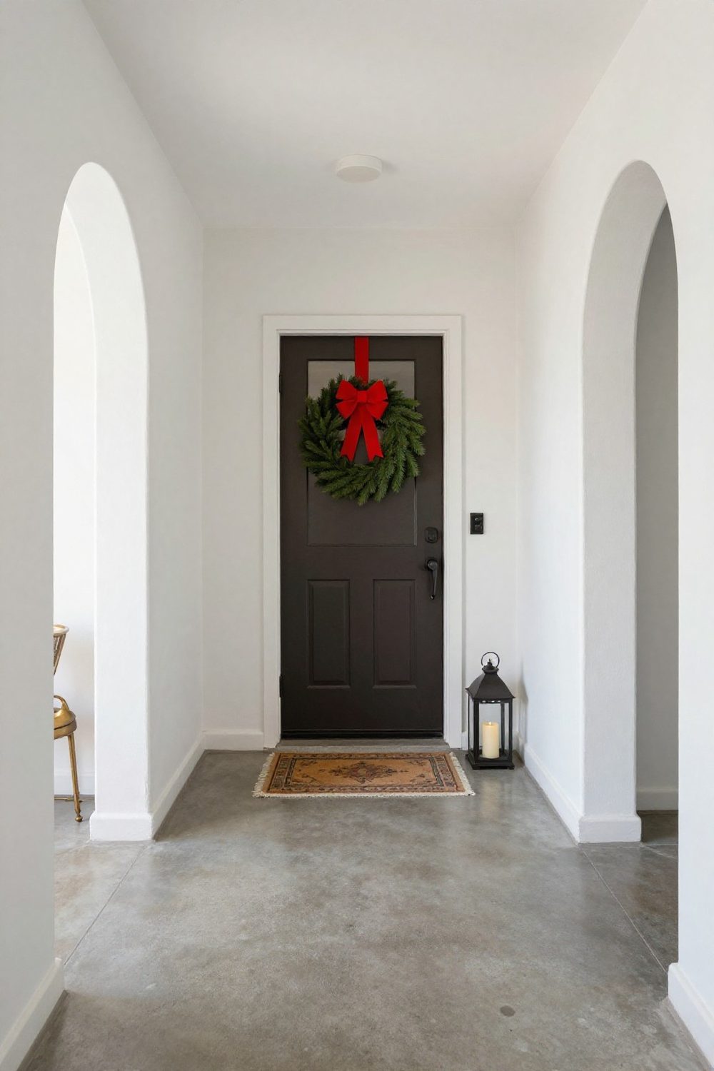 Apartment front door in a hallway with a small wreath and a festive doormat