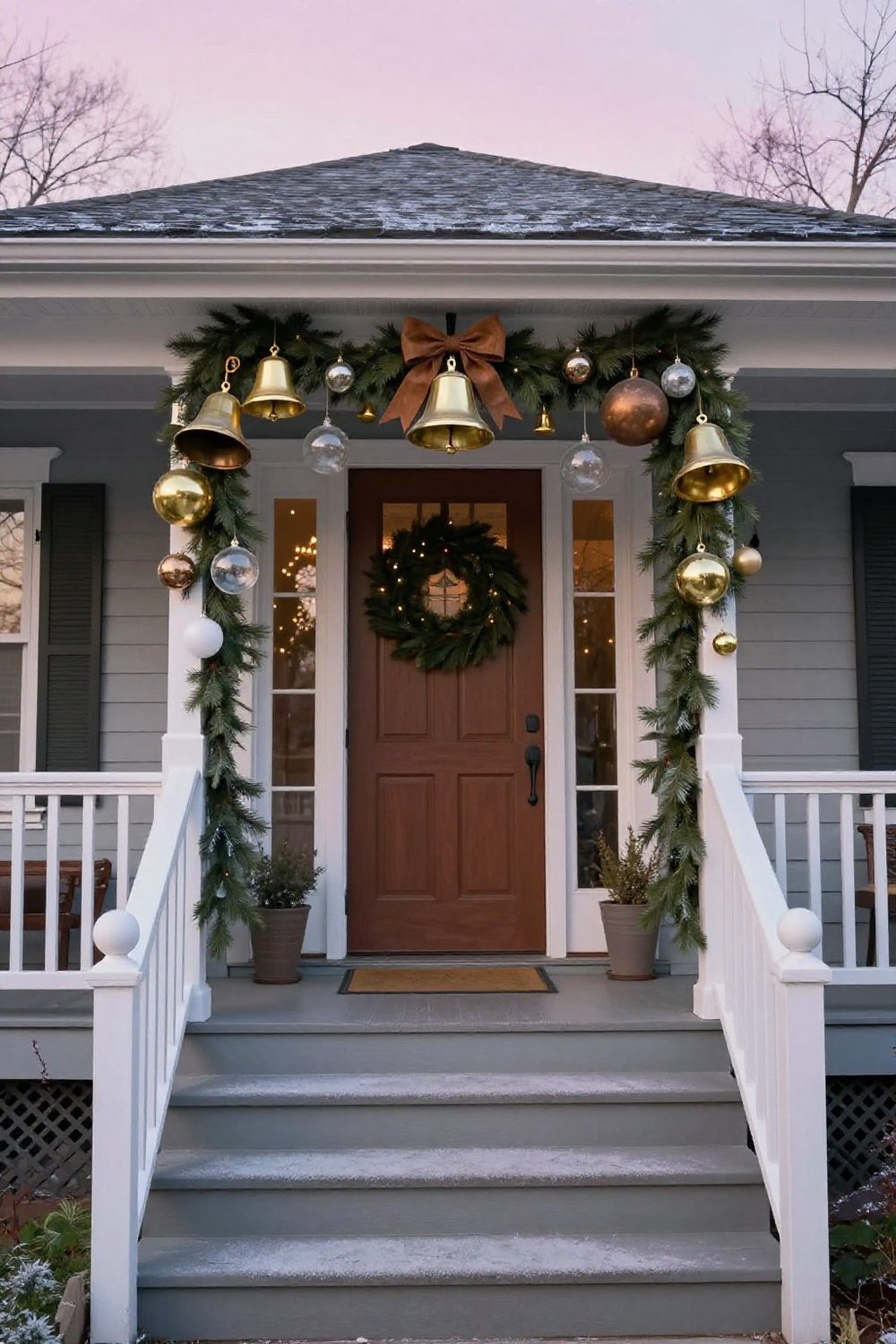Front door with a garland of large oversized ornaments hanging across the top of the doorframe