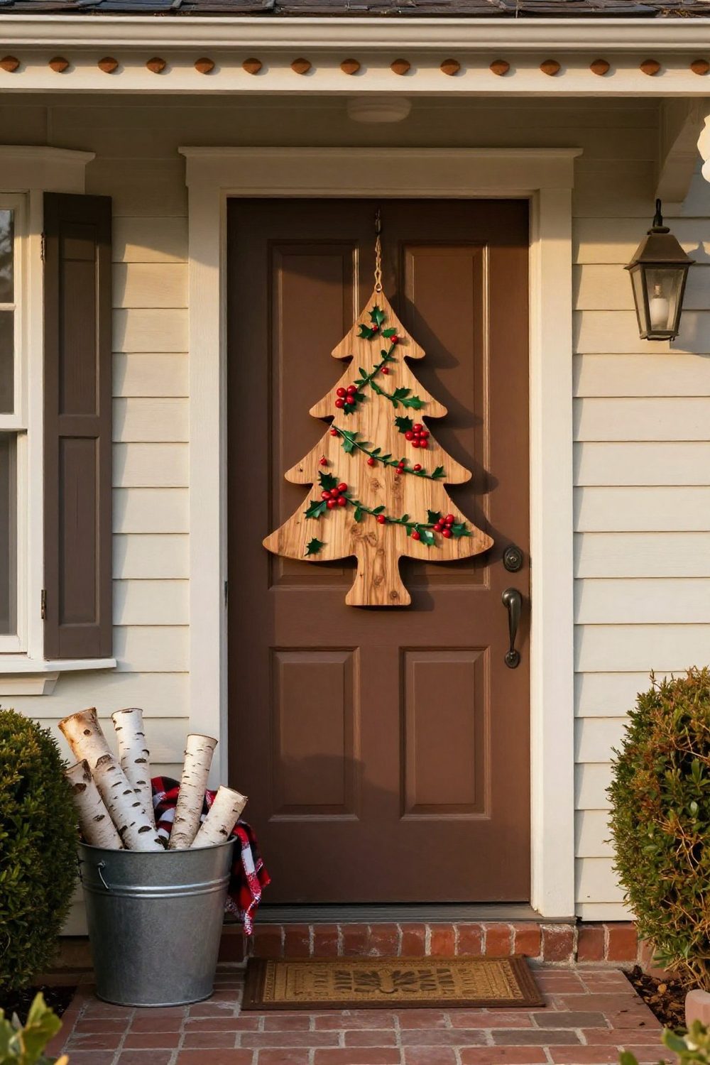 Close-up of a DIY wooden Christmas door hanger shaped like a tree hung on a front door