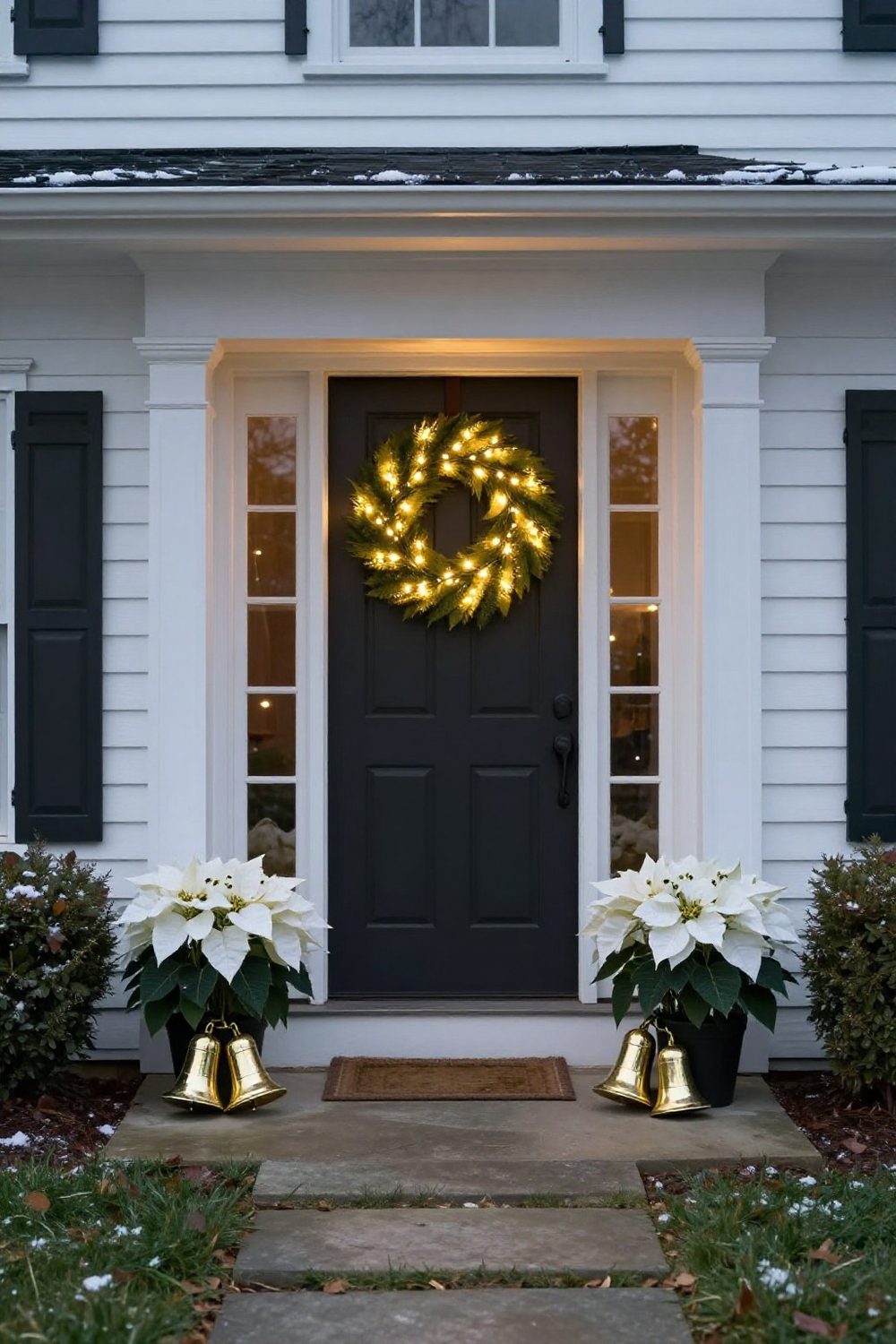 Front door at night with the wreath lit by warm battery fairy lights woven through it