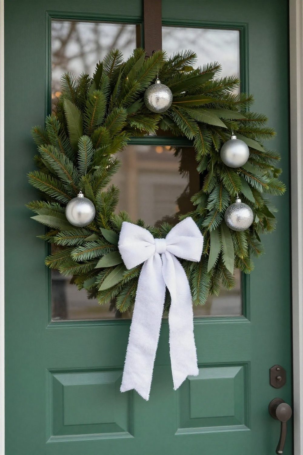Green front door with a white flocked wreath and silver ornaments