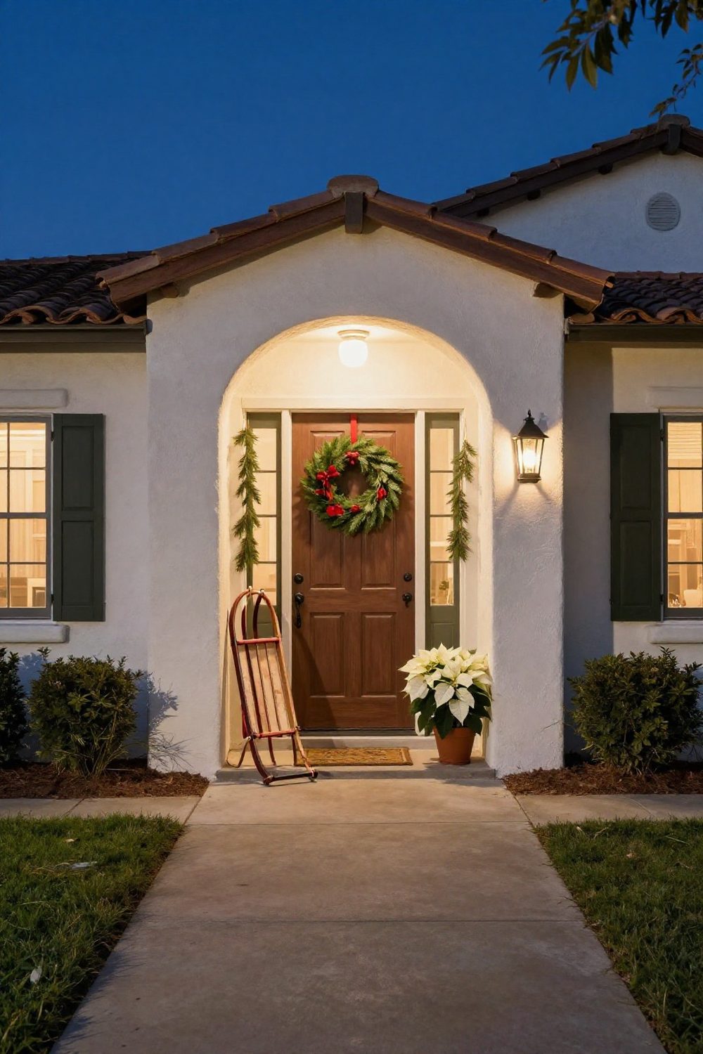 Front door with a vintage sled leaning beside it and a wreath on the door