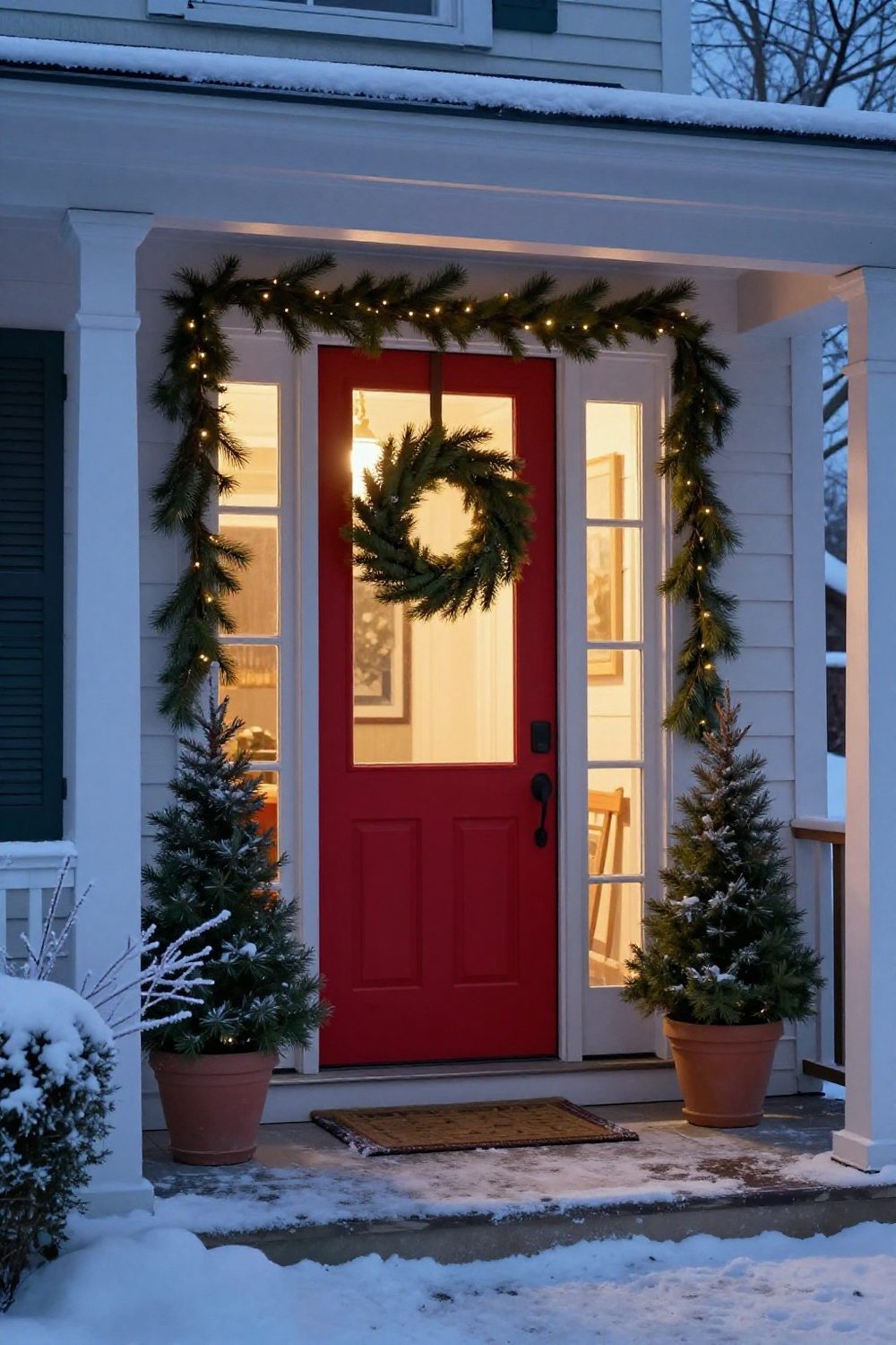 Glass-paneled front door with a wreath hung on the outside and warm light glowing through the glass